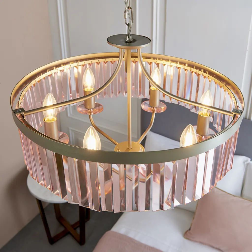 Carol 6 Light Champagne & Rose Pink Glass Chandelier