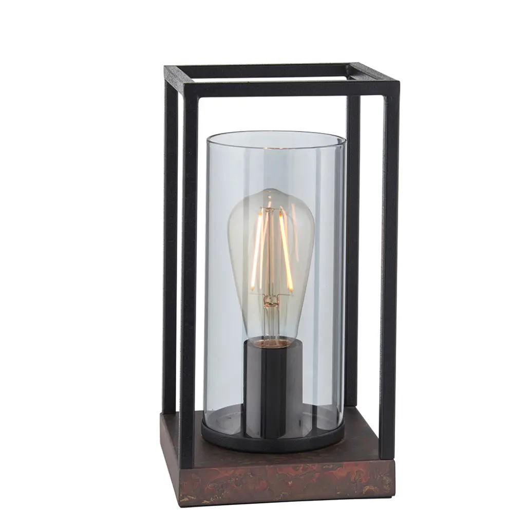 Caleb Bronze Patina Framed Table Lamp with Grey Glass