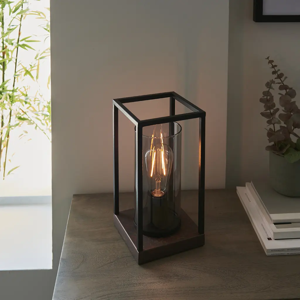 Caleb Bronze Patina Framed Table Lamp with Grey Glass