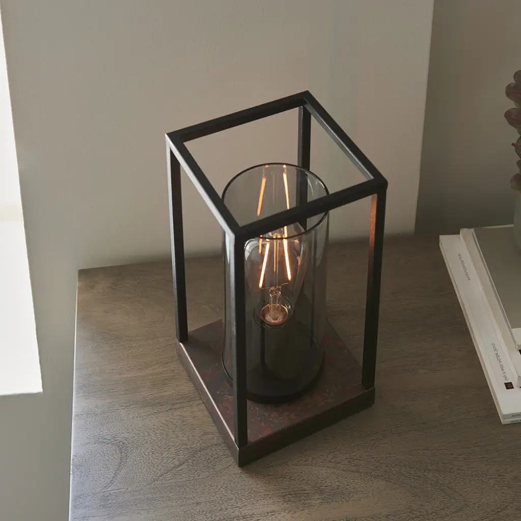 Caleb Bronze Patina Framed Table Lamp with Grey Glass