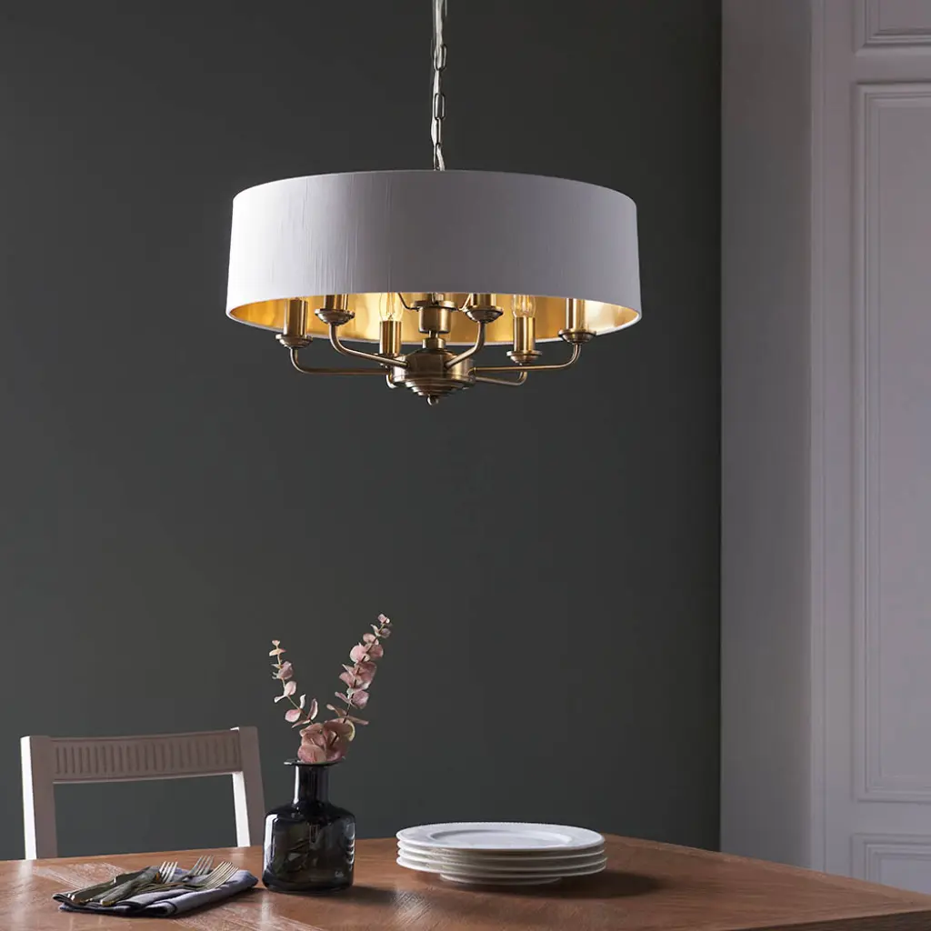 Highclere 6 Light Drum Pendant in Antique Brass C/W White Shade