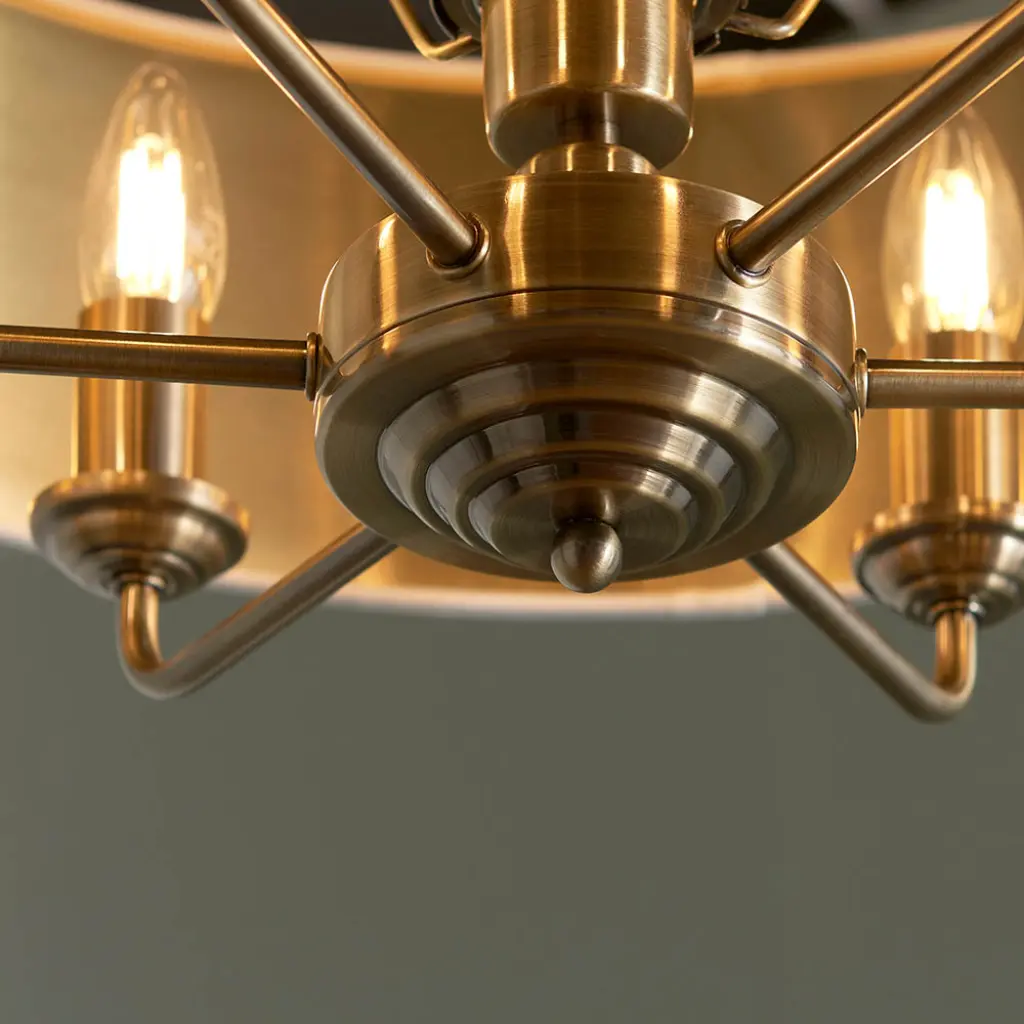 Highclere 6 Light Drum Pendant in Antique Brass C/W White Shade