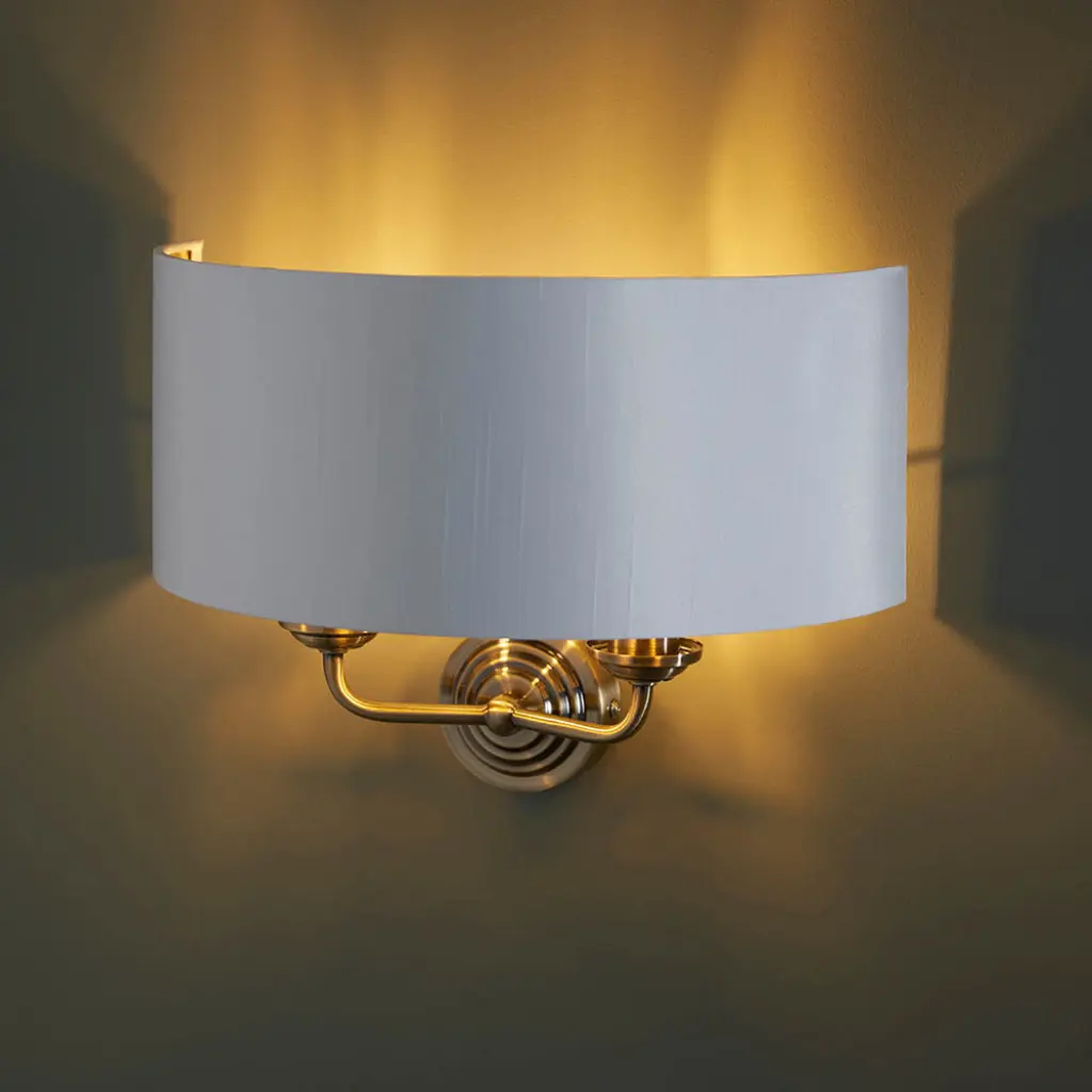 Highclere Double Wall Light in Antique Brass C/W White Shade