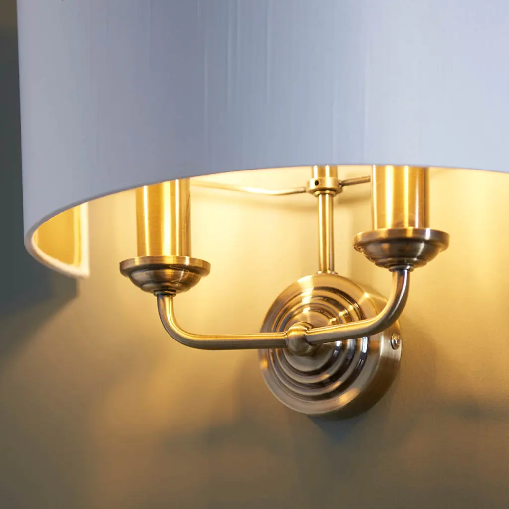 Highclere Double Wall Light in Antique Brass C/W White Shade