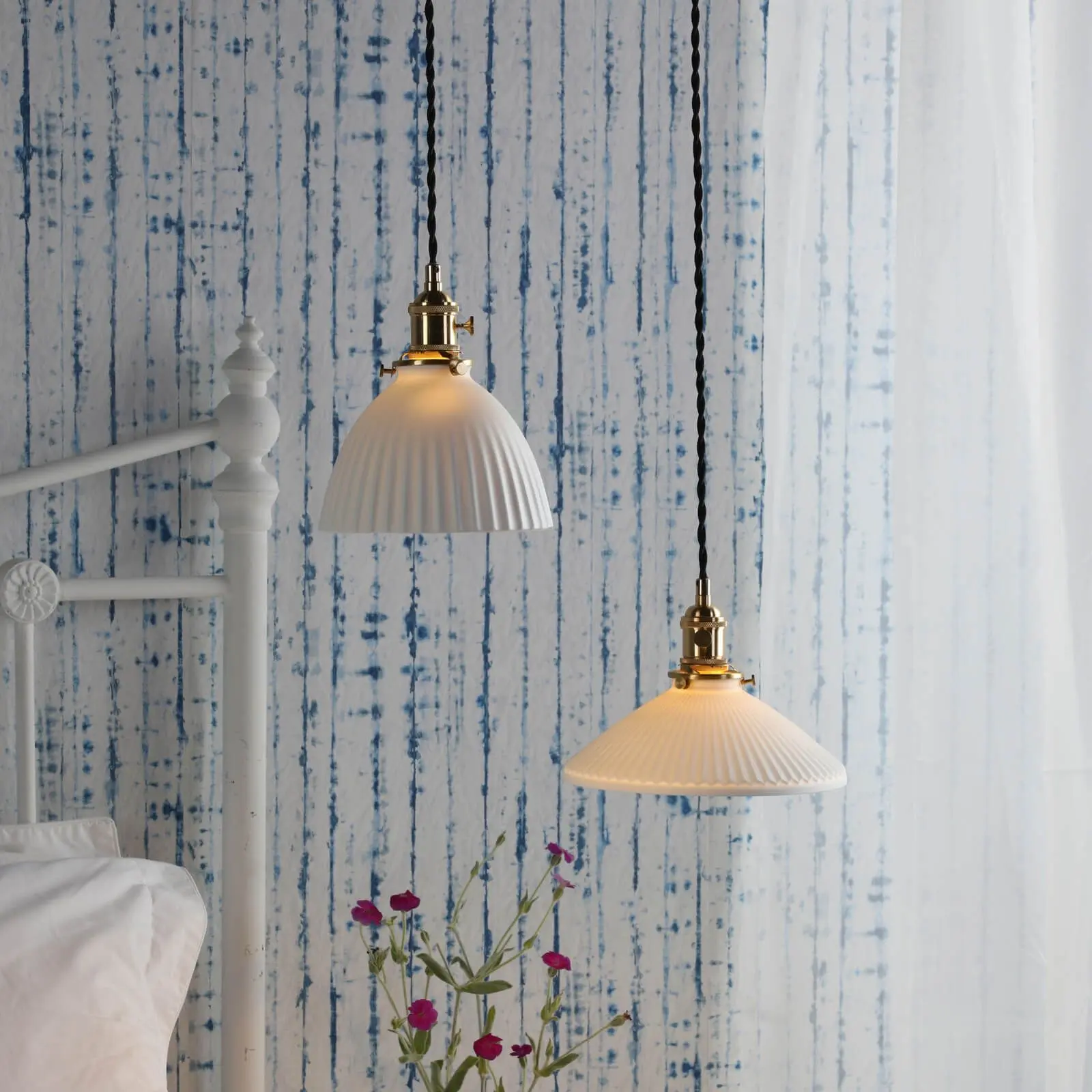 Hadano Natural Brass Pendant with Shallow Ceramic Shade