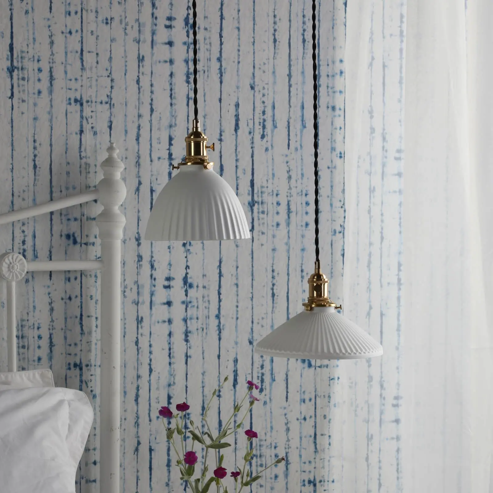 Hadano Natural Brass Pendant with Shallow Ceramic Shade