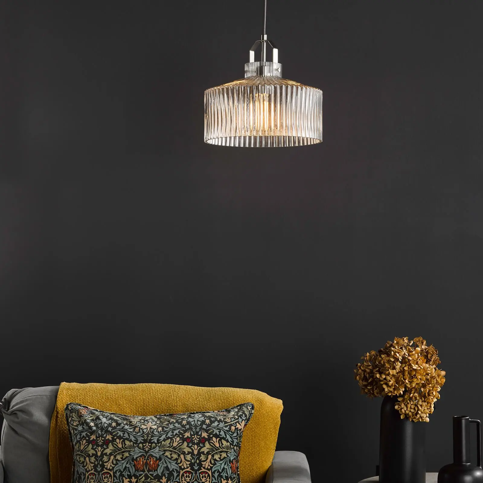 Lenka Satin Nickel & Ribbed Glass Pendant