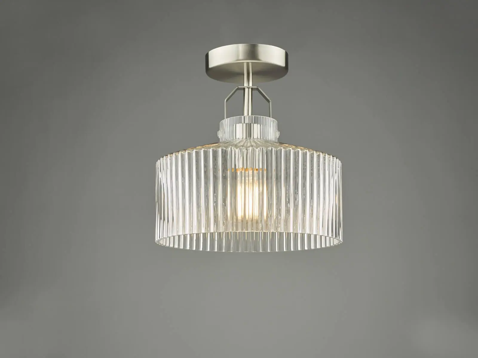 Lenka Satin Nickel Semi Flush Fitting with Ribbed Glass