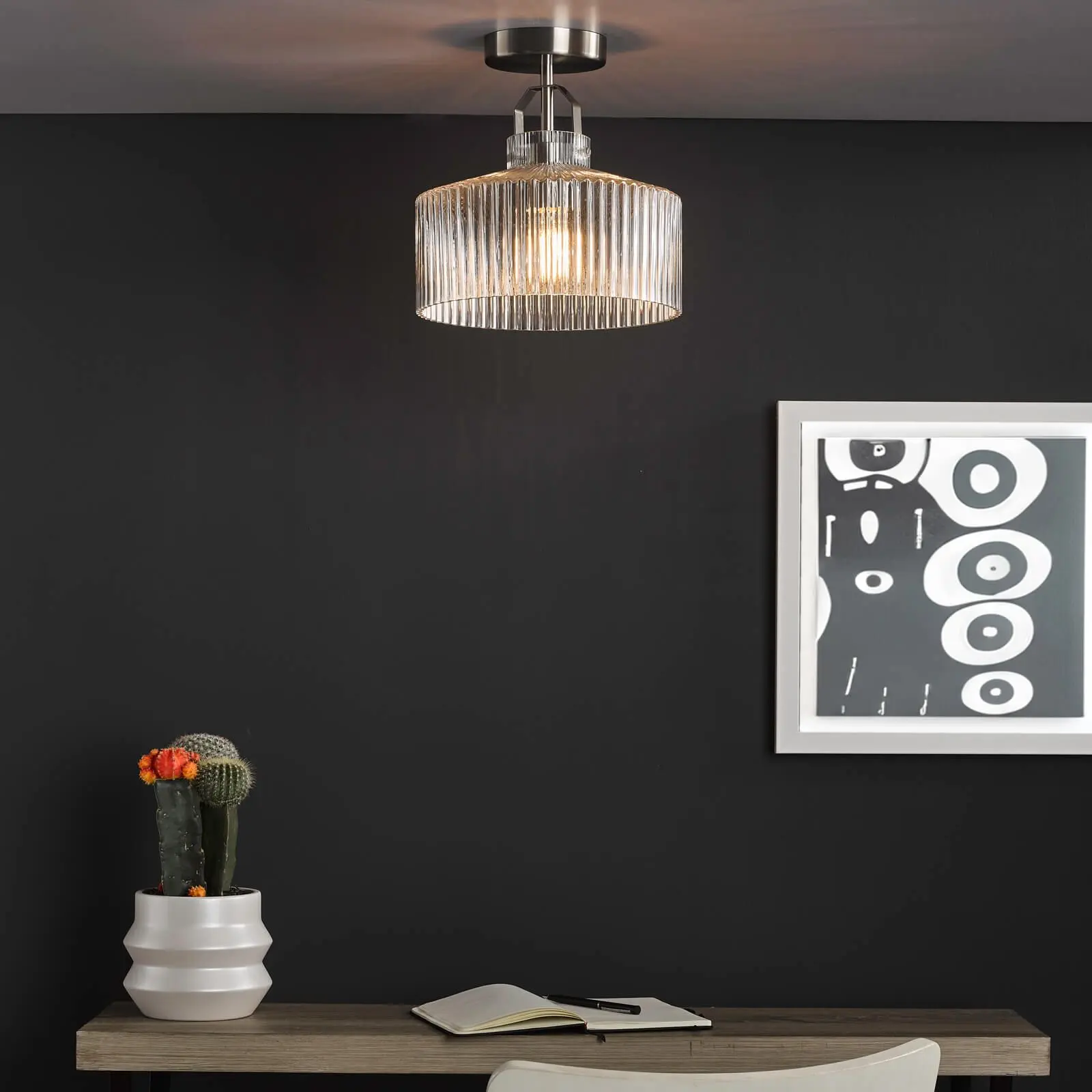 Lenka Satin Nickel Semi Flush Fitting with Ribbed Glass