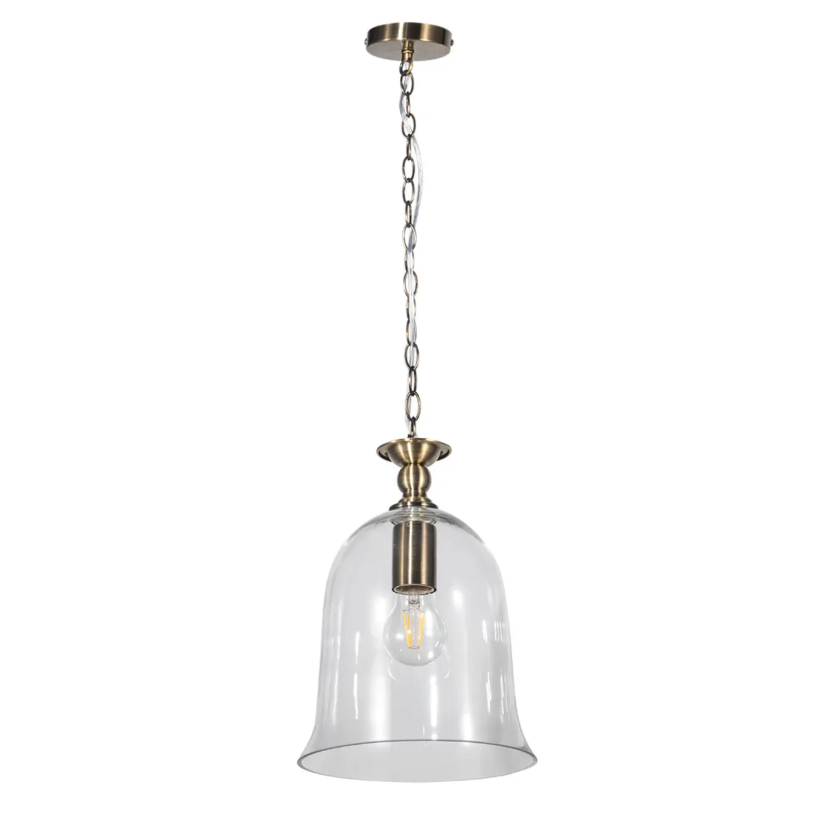 Bell Single Clear Glass Pendant in Antique Brass