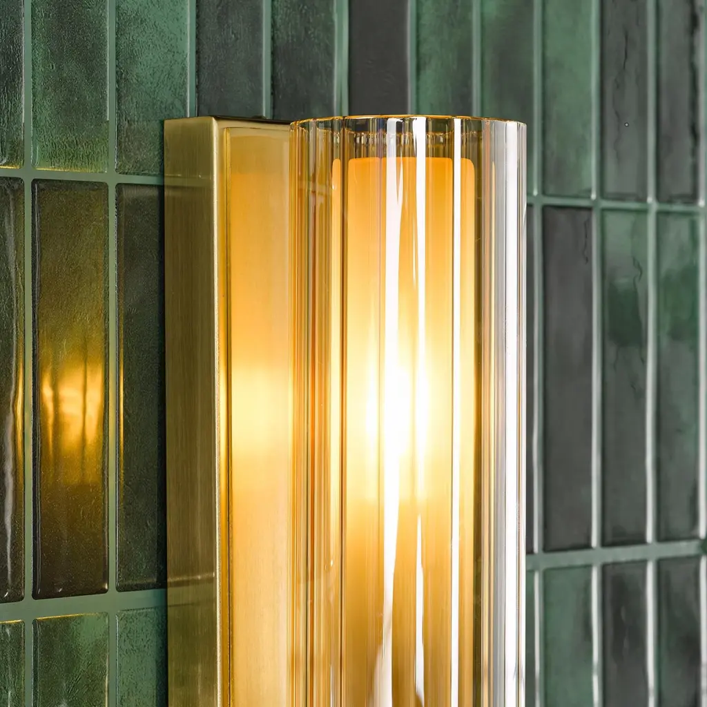 Bevin Natural Brass & Amber Glass Bathroom Wall Light