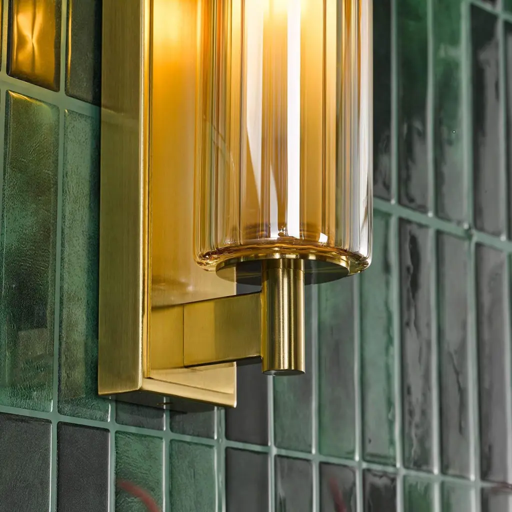 Bevin Natural Brass & Amber Glass Bathroom Wall Light