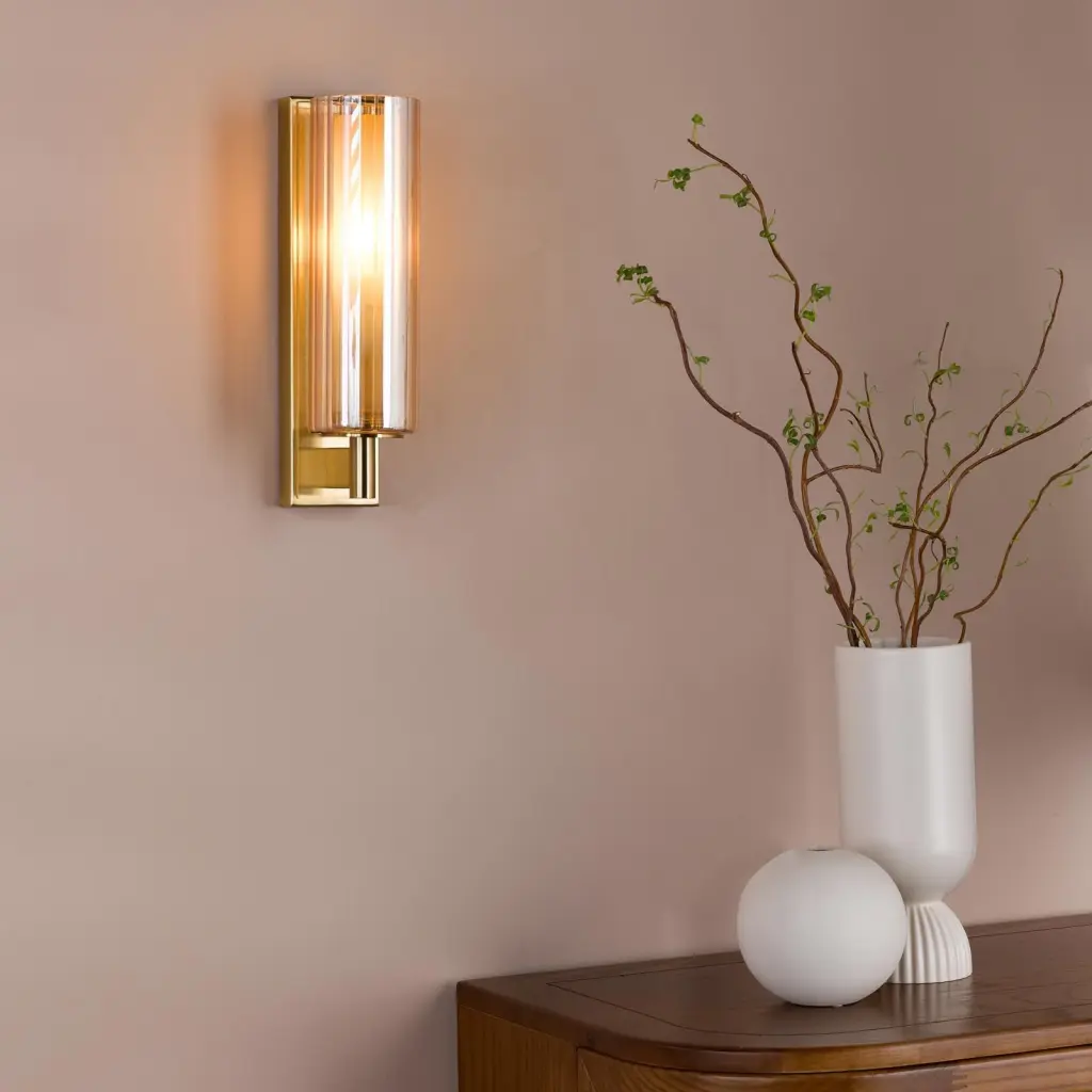 Bevin Natural Brass & Amber Glass Bathroom Wall Light