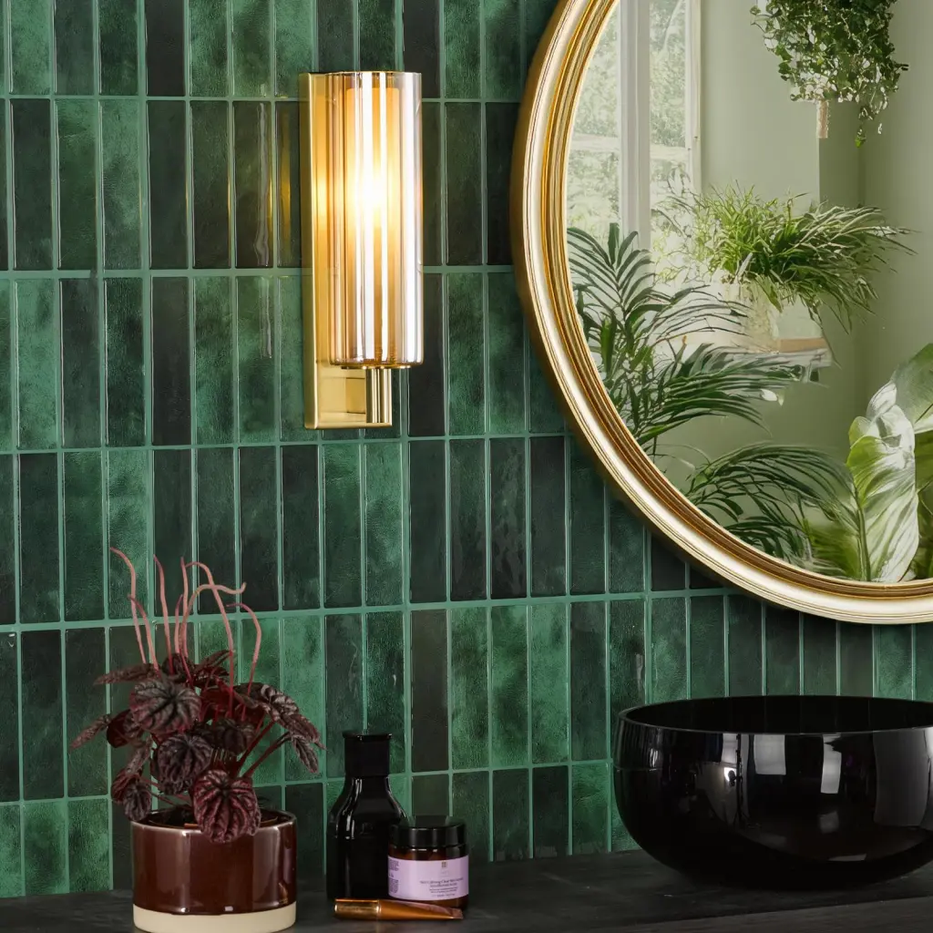 Bevin Natural Brass & Amber Glass Bathroom Wall Light