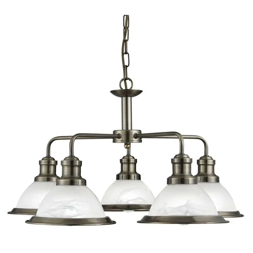 Bistro 5 Light Ceiling, Antique Brass, Marble Glass Shade