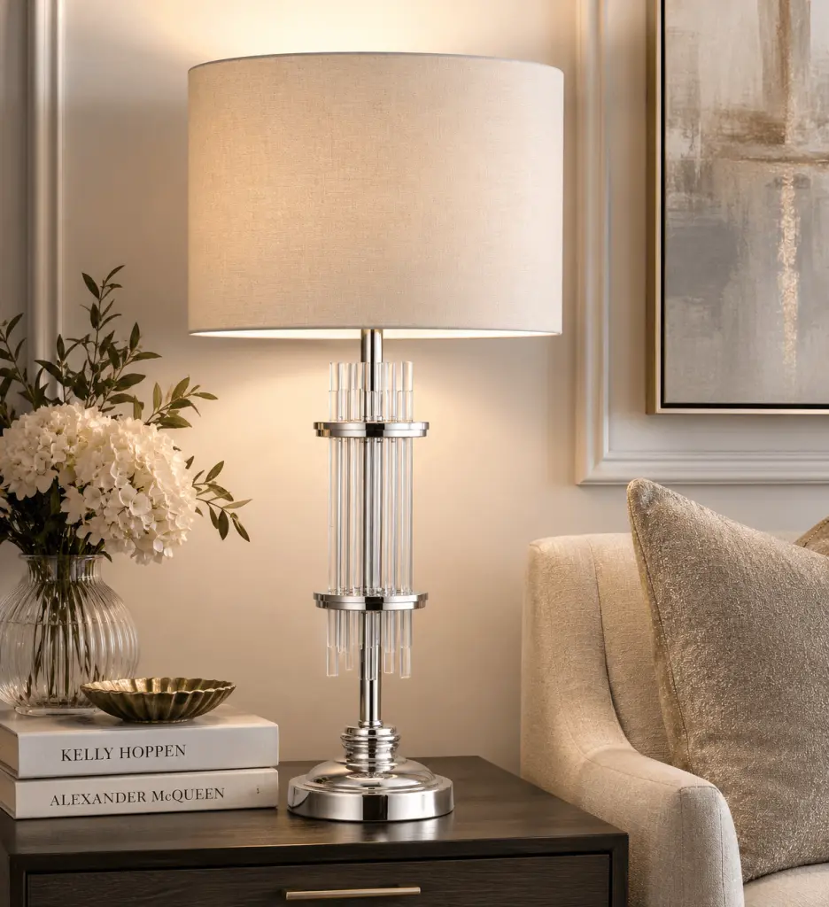Chrysler Polished Chrome and Crystal Table Lamp c/w Shade