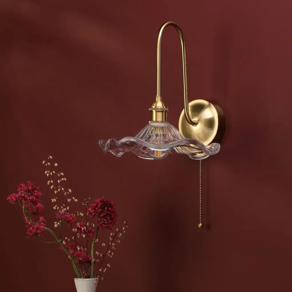 Hadano Brass Curved Arm Wall Light with Wavy Glass Shade