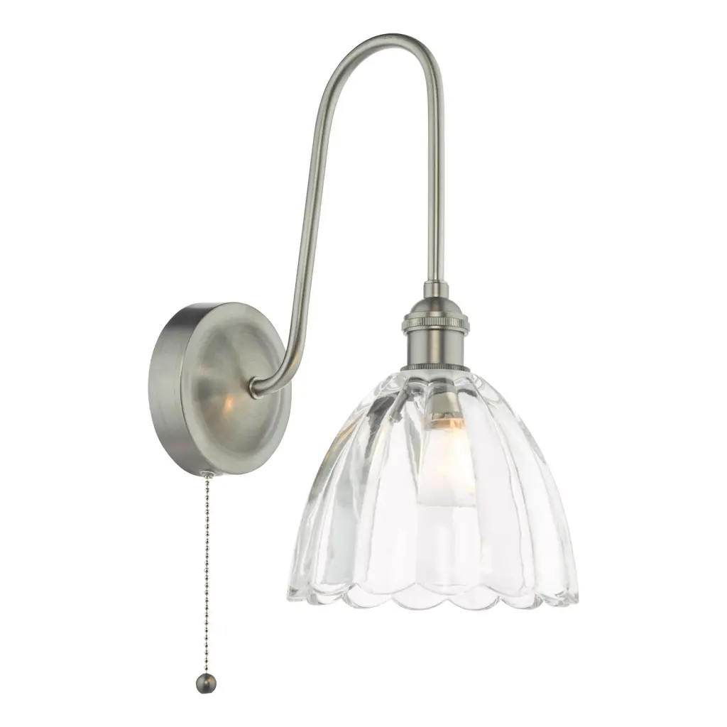 Hadano Antique Chrome Curved Arm Wall Light with Scalloped Bell Glass Shade