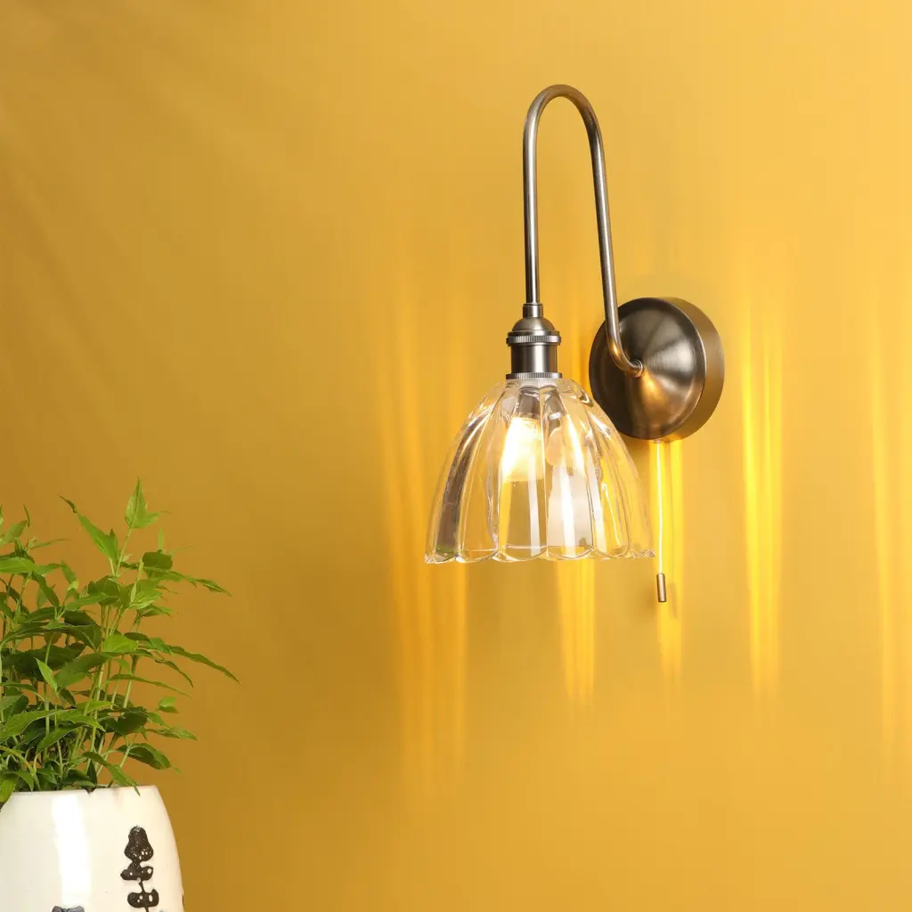 Hadano Antique Chrome Curved Arm Wall Light with Scalloped Bell Glass Shade