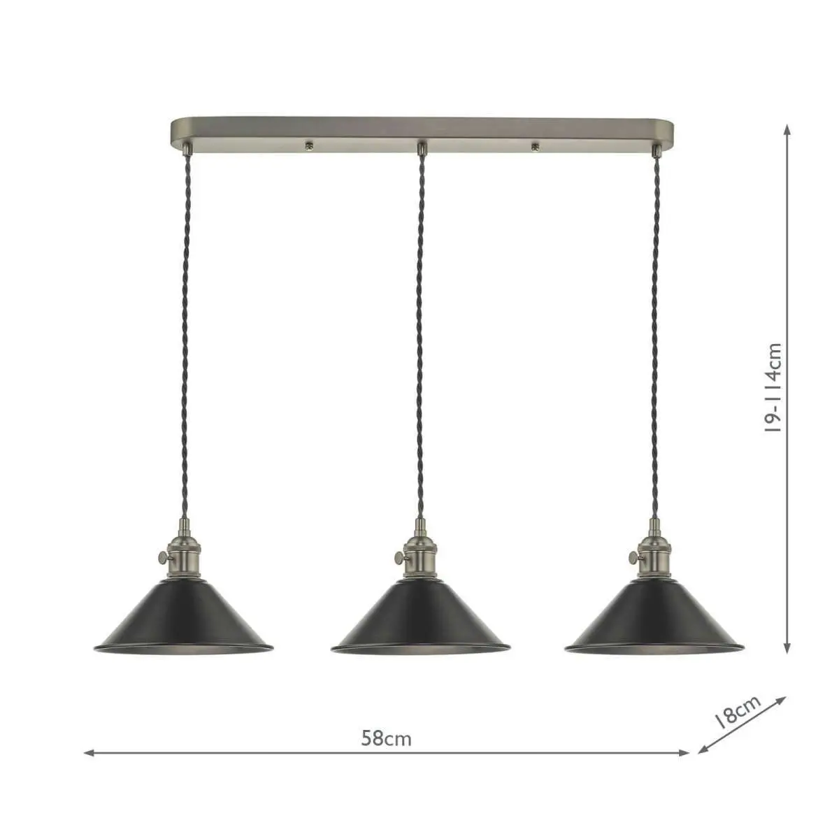 Hadano 3 Light Suspension in Antique Chrome With Antique Pewter Shades