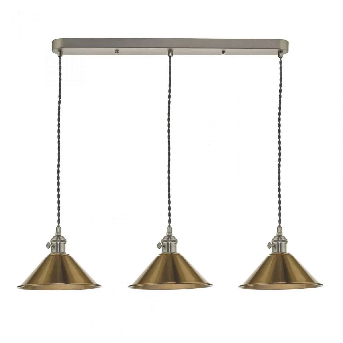 Hadano 3 Light Suspension in Antique Chrome With Brass Shades