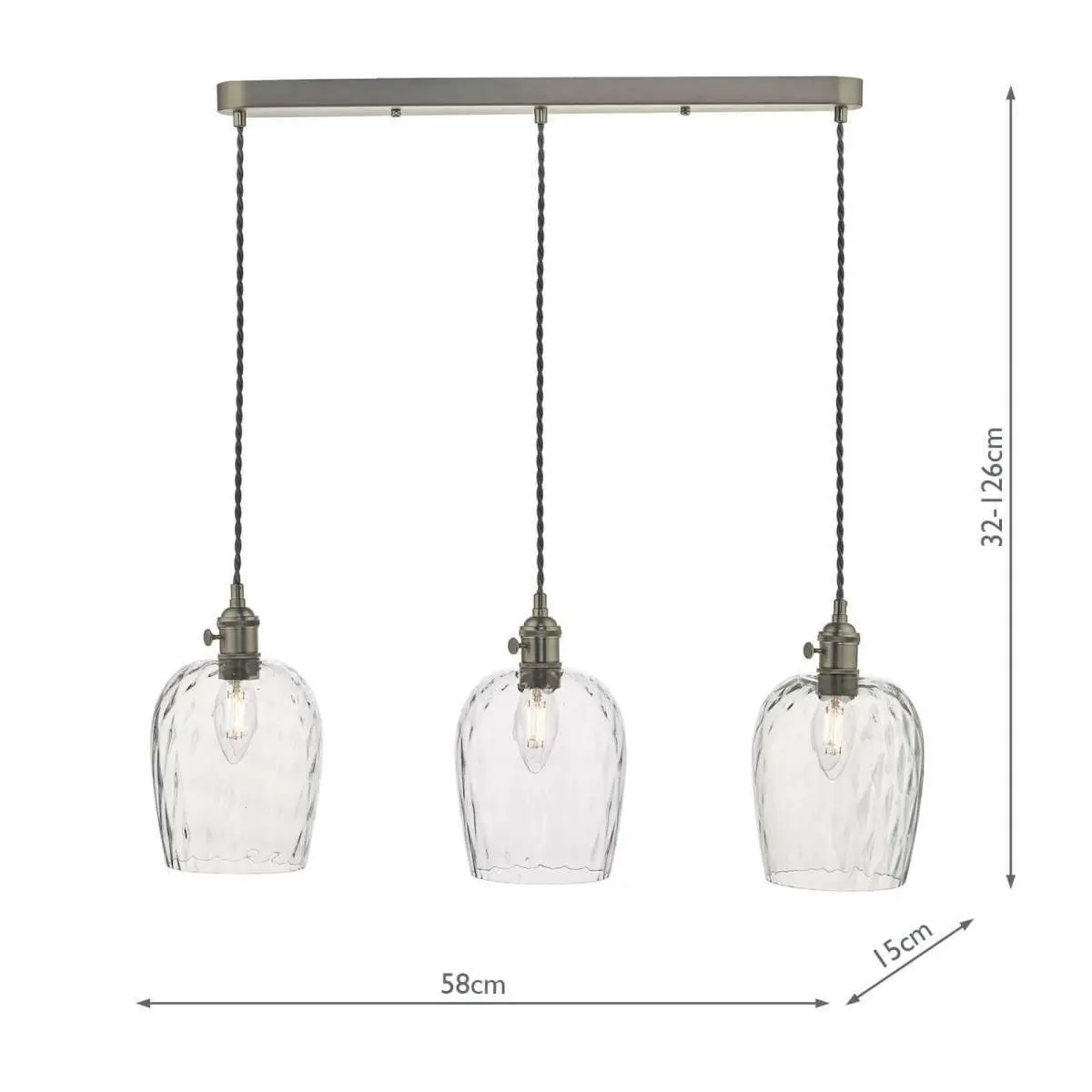 Hadano 3 Light Suspension in Antique Chrome With Dimpled Glass Shades