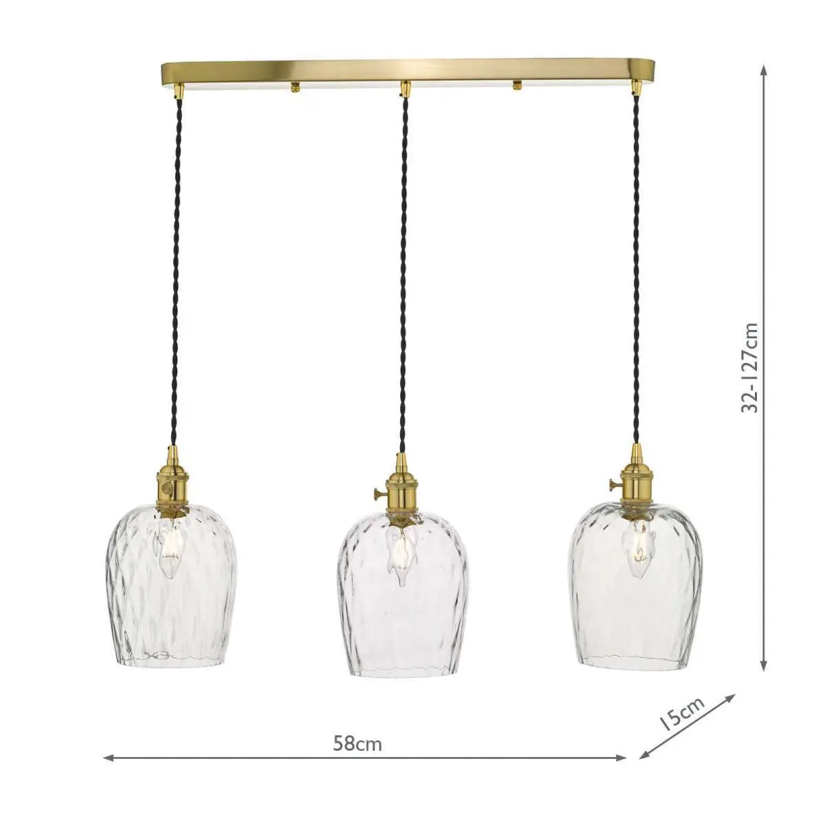 Hadano 3 Light Suspension in Natural Brass With Dimpled Glass Shades