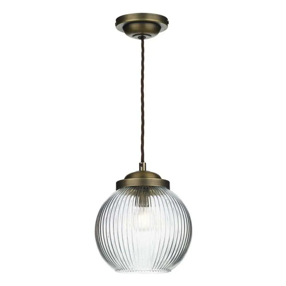 Henley Pendant Bowl Shaped Reeded Glass Antique Brass