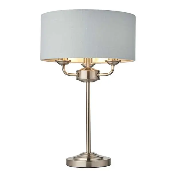 Highclere 3 Light Table Lamp in Brushed Chrome C/W Duck Egg Shade