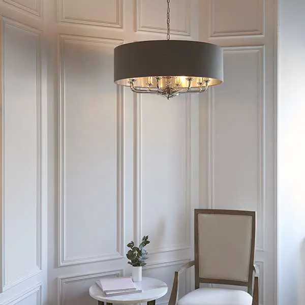 Highclere 6 Light Drum Pendant in Bright Nickel C/W Charcoal Shade