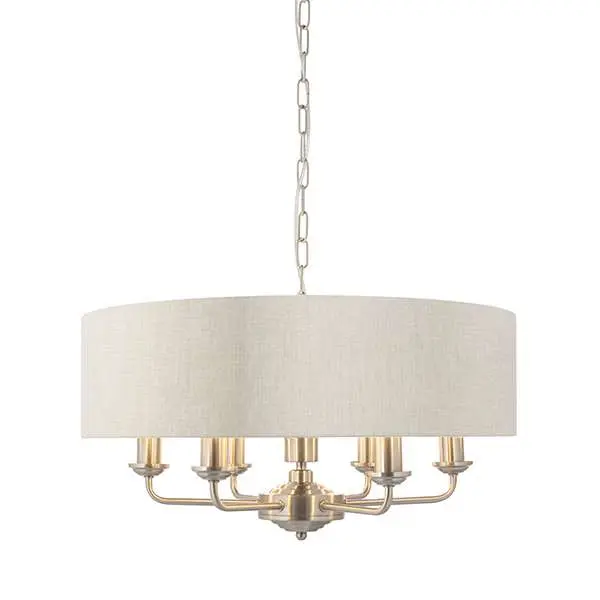 Highclere 6 Light Drum Pendant in Brushed Chrome C/W Natural Shade