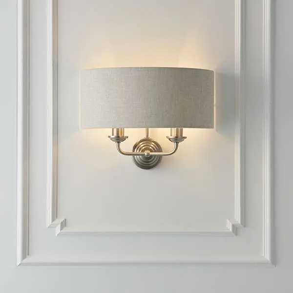 Highclere Double Wall Light in Brushed Chrome C/W Natural Shade