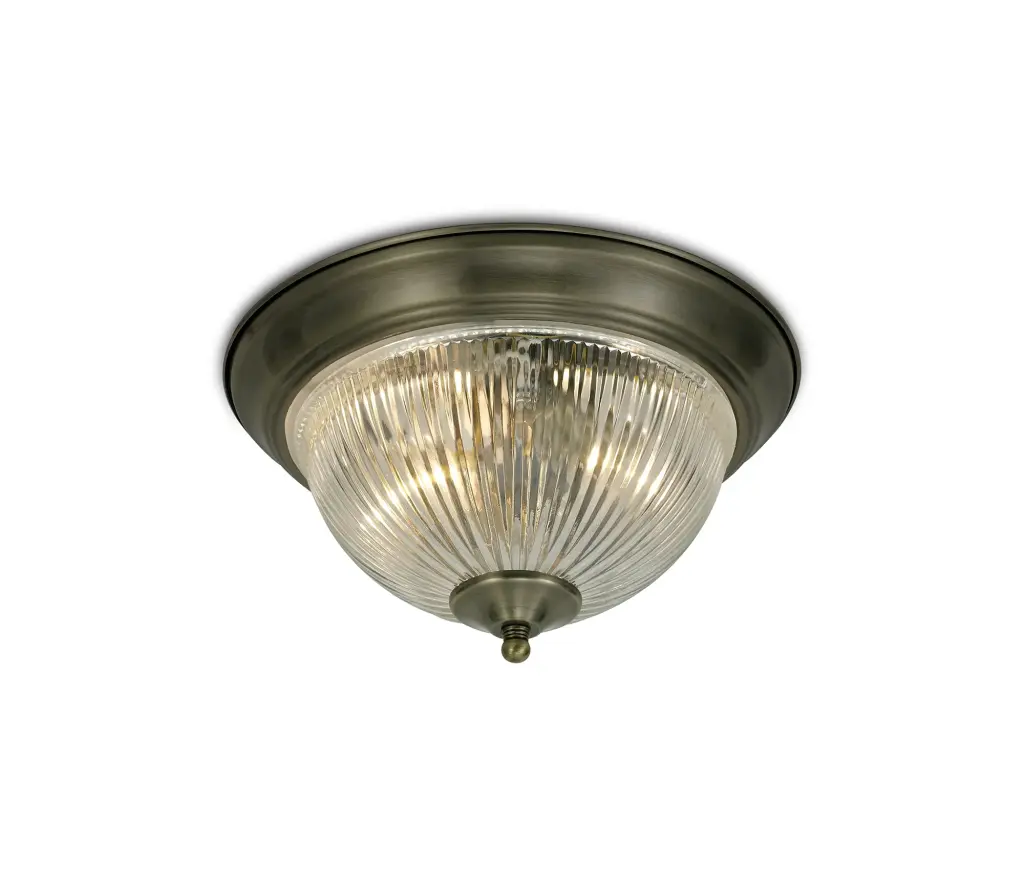 Billy Antique Brass Flush Ceiling Light with Ribbed Glass IP44