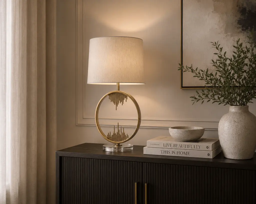 Manhatten Antique Brass and Crystal Table Lamp c/w Shade