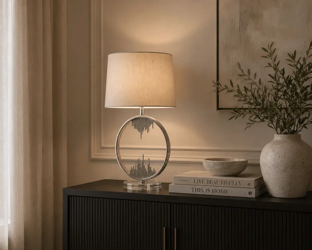 Manhatten Polished Chrome and Crystal Table Lamp c/w Shade