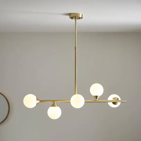 Eve Brushed Brass Linear Pendant C/W Opal Shades