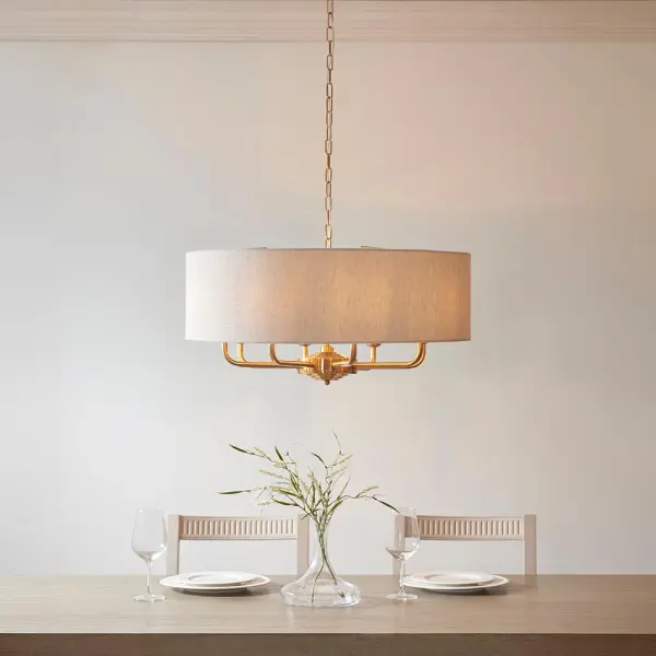 Highclere 8 Light Drum Pendant Brass C/W Natural Shade
