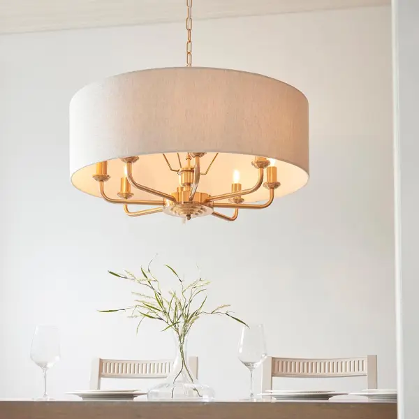 Highclere 8 Light Drum Pendant Brass C/W Natural Shade