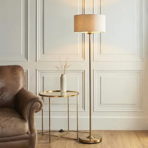 Highclere Single Floor Lamp in Brass C/W Natural Shade