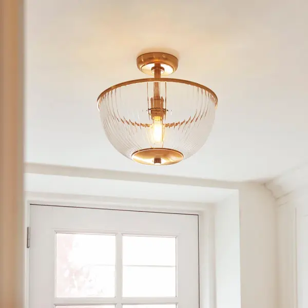 Somerset Upturned Flush Fitting in Brass with Ribbed Glass