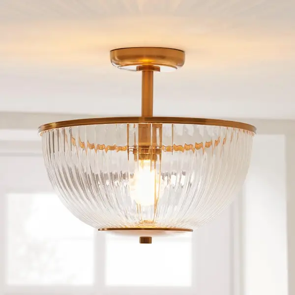 Somerset Upturned Flush Fitting in Brass with Ribbed Glass