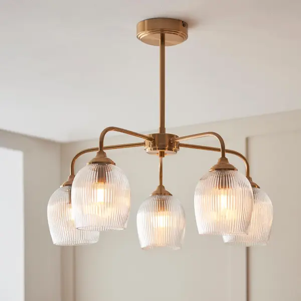 Ashcroft 5 Light Semi Flush with Ribbed Glass Shades