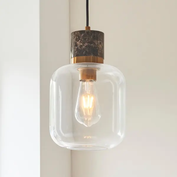 Travi Dark Brown Emperador Marble Pendant C/W Clear Glass