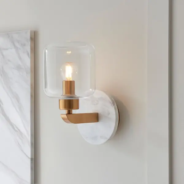 Travi White Volaskas Marble Wall Light C/W Clear Glass Shade