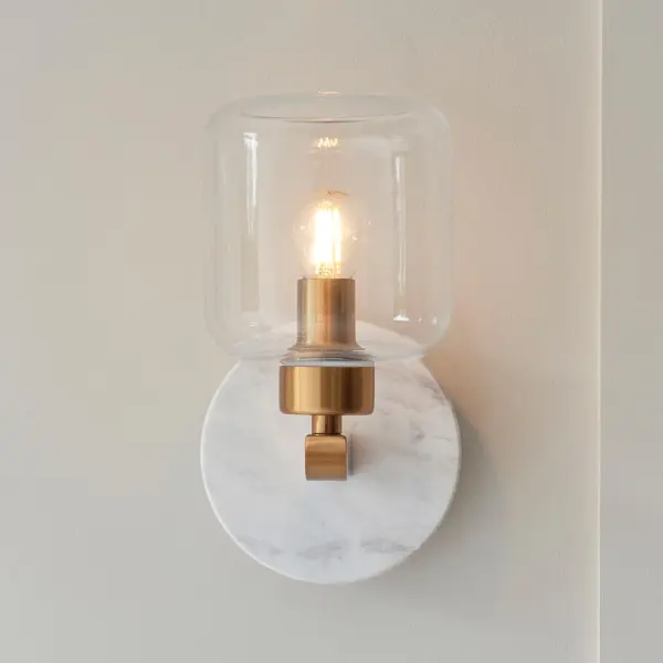 Travi White Volaskas Marble Wall Light C/W Clear Glass Shade