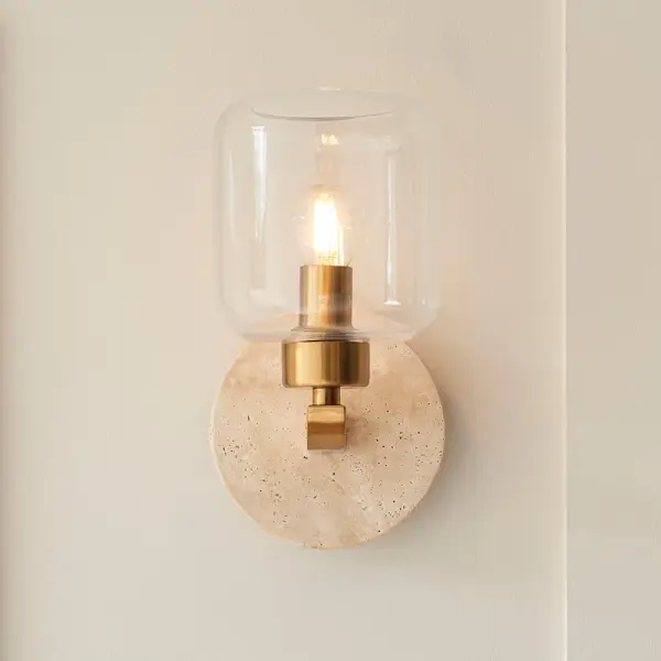 Travi Natural Travertime Stone Wall Light C/W Clear Glass Shade