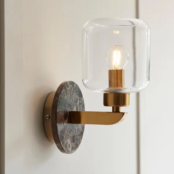 Travi Dark Brown Emperador Marble Wall Light C/W Clear Glass Shade