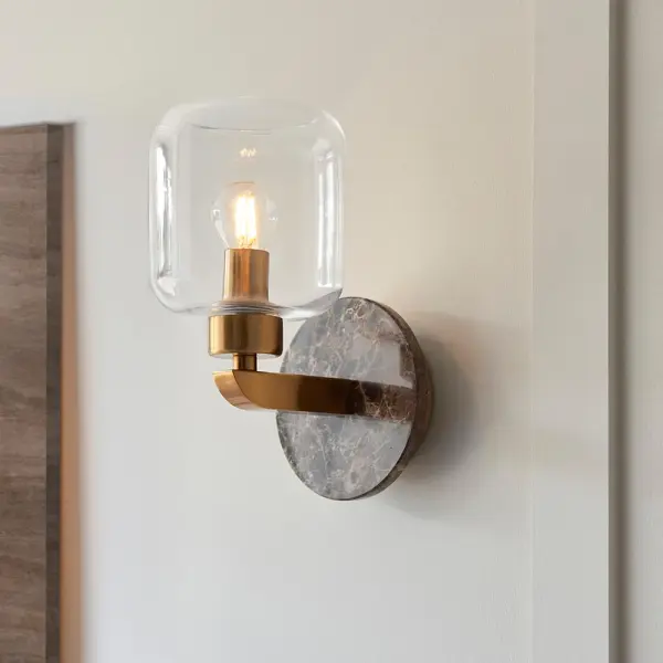 Travi Dark Brown Emperador Marble Wall Light C/W Clear Glass Shade