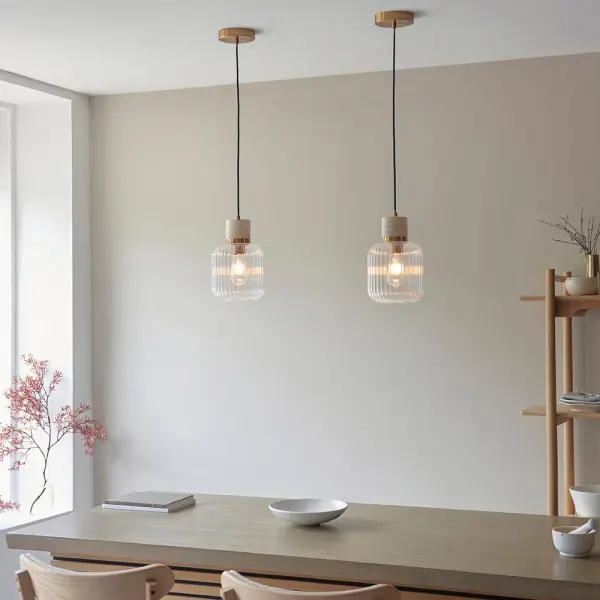 Travi Natural Travertime Stone Pendant C/W Ribbed Glass
