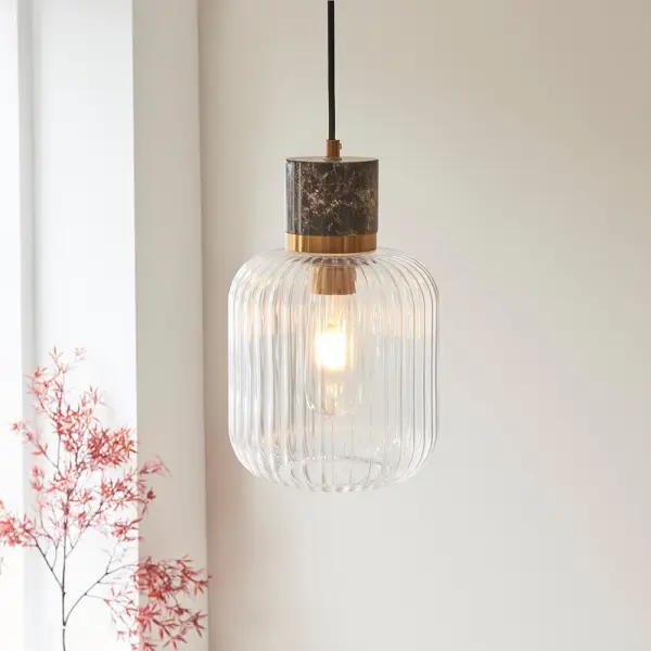 Travi Dark Brown Emperador Marble Pendant C/W Ribbed Glass